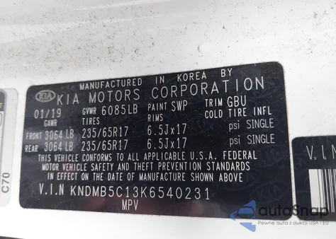 2019 Kia Sedona Lx z USA, uszkodzony, nr VIN KNDMB5C13K6540231